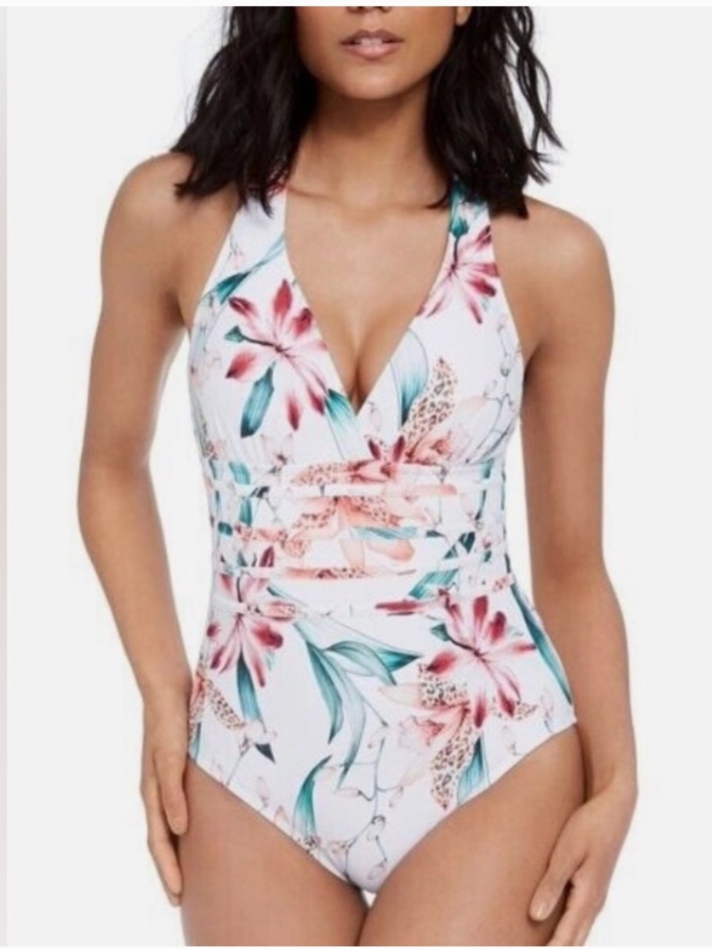 La Blanca Island Goddess Multi-Strap Cross-Back One-Piece white floral 💗NWT